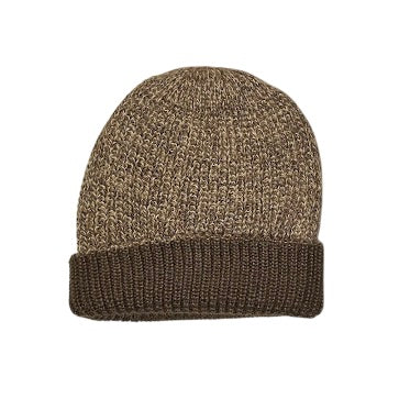 Brown heather reversible alpaca beanie with the cuff turned up