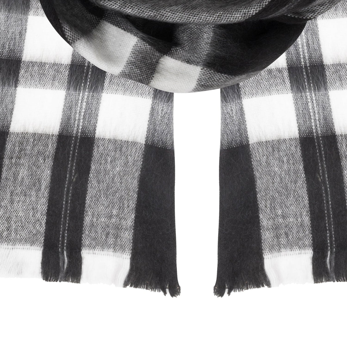Alpaca scarf, Black with White Plaid, ends and fringe