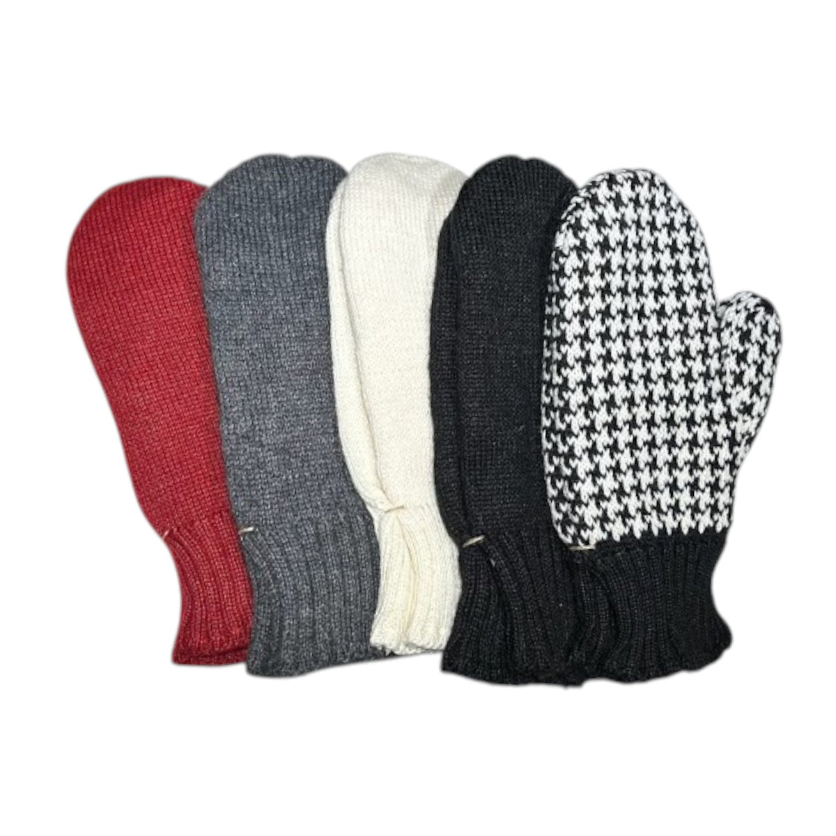 Fleece lined alpaca mittens in red, grey, cream, black and houndstooth, handmade by artisans in Peru