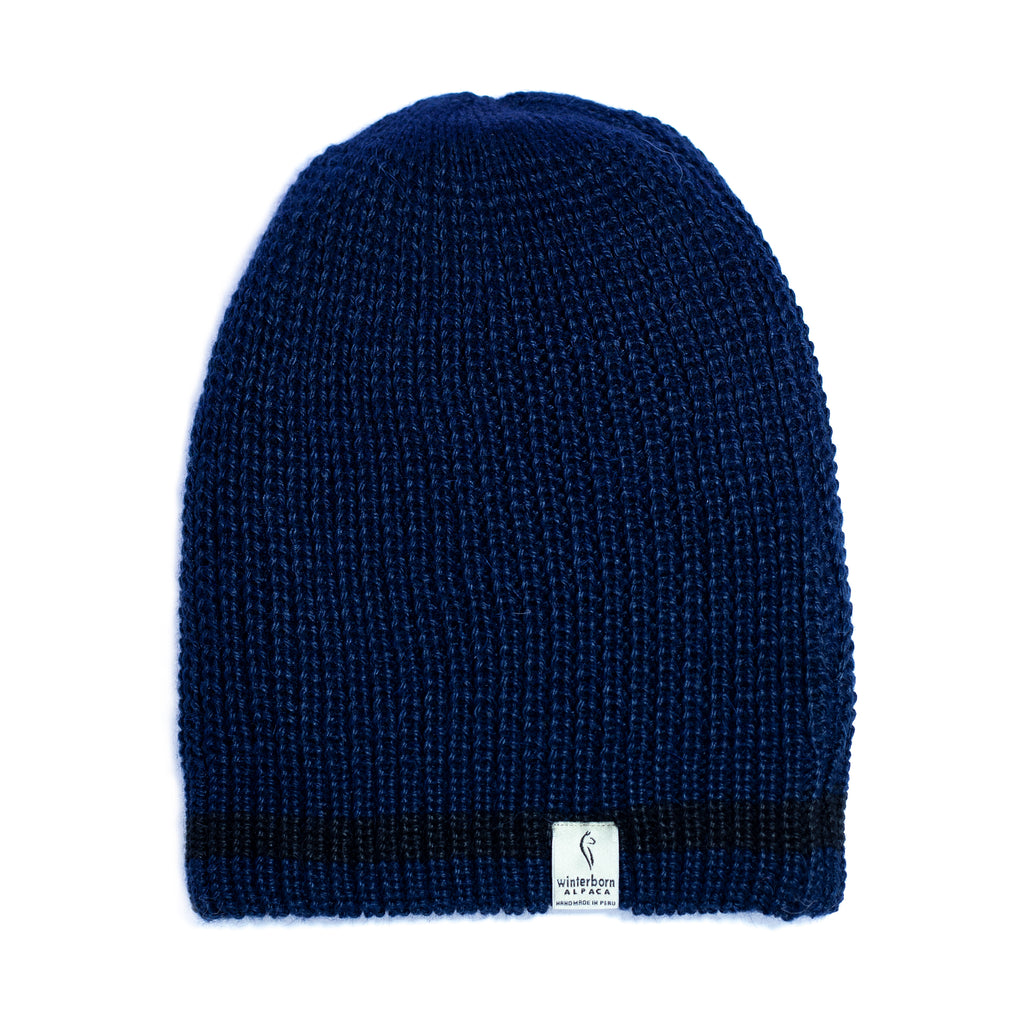 Dark Blue & Black Striped reversible alpaca beanie