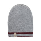 Grey reversible alpaca beanie with a burgundy stripe