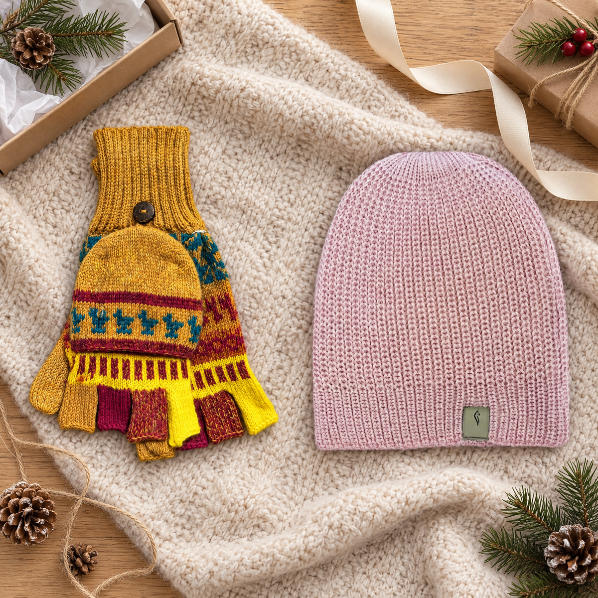 Alpaca glittens and beanie gift set flat lay