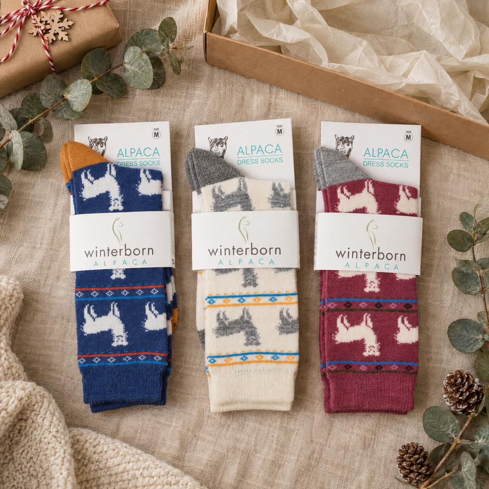 Winterborn Sock Drawer Upgrade alpaca gift set: three pairs of alpaca pattern dress socks in Winterborn packaging