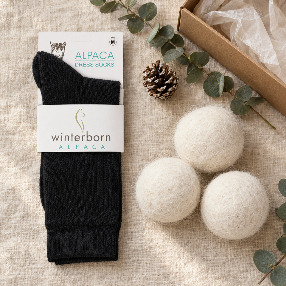 Winterborn Cozy Home alpaca gift set: solid black alpaca dress socks in Winterborn packaging and three alpaca wool dryer balls