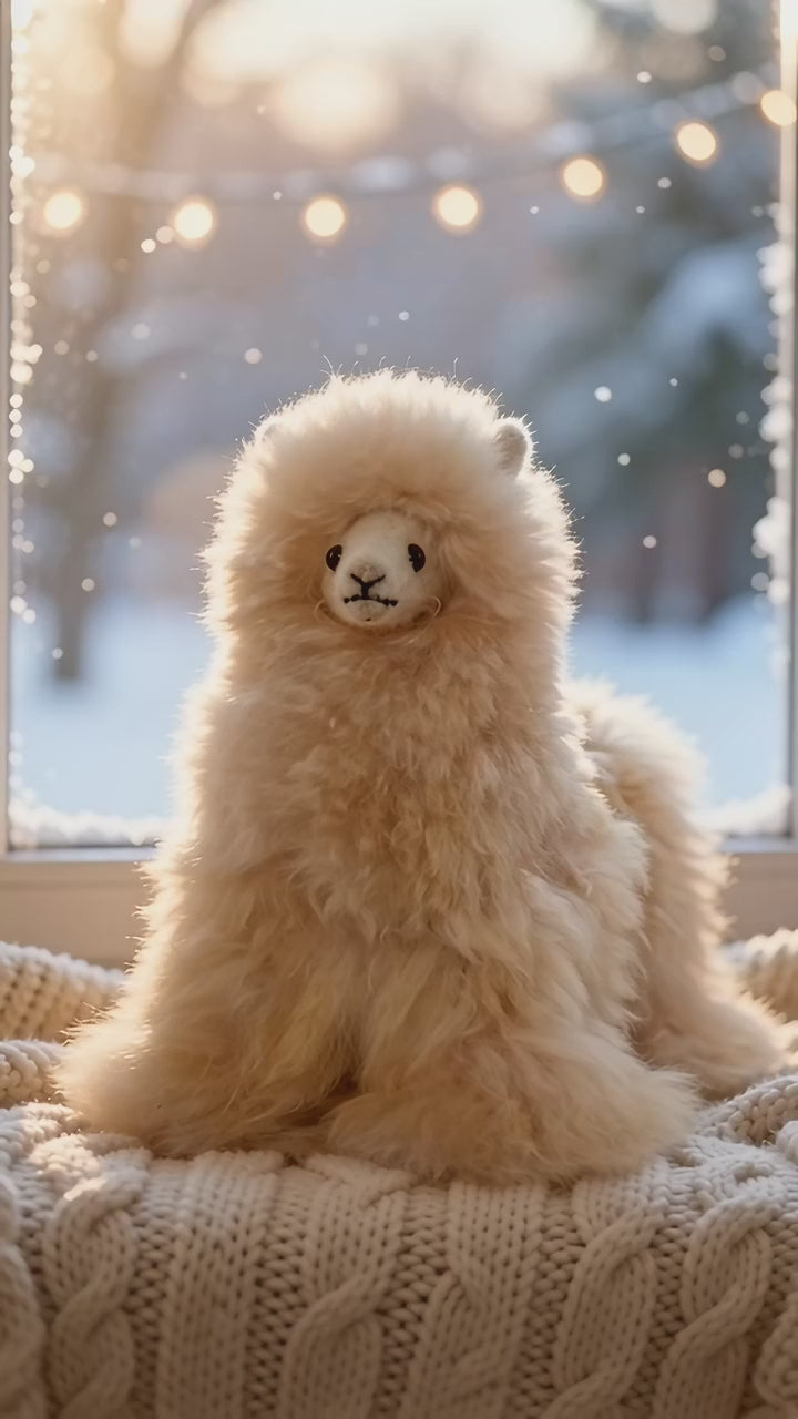 Fawn alpaca stuffie on a cable knit blanket by a snowy window