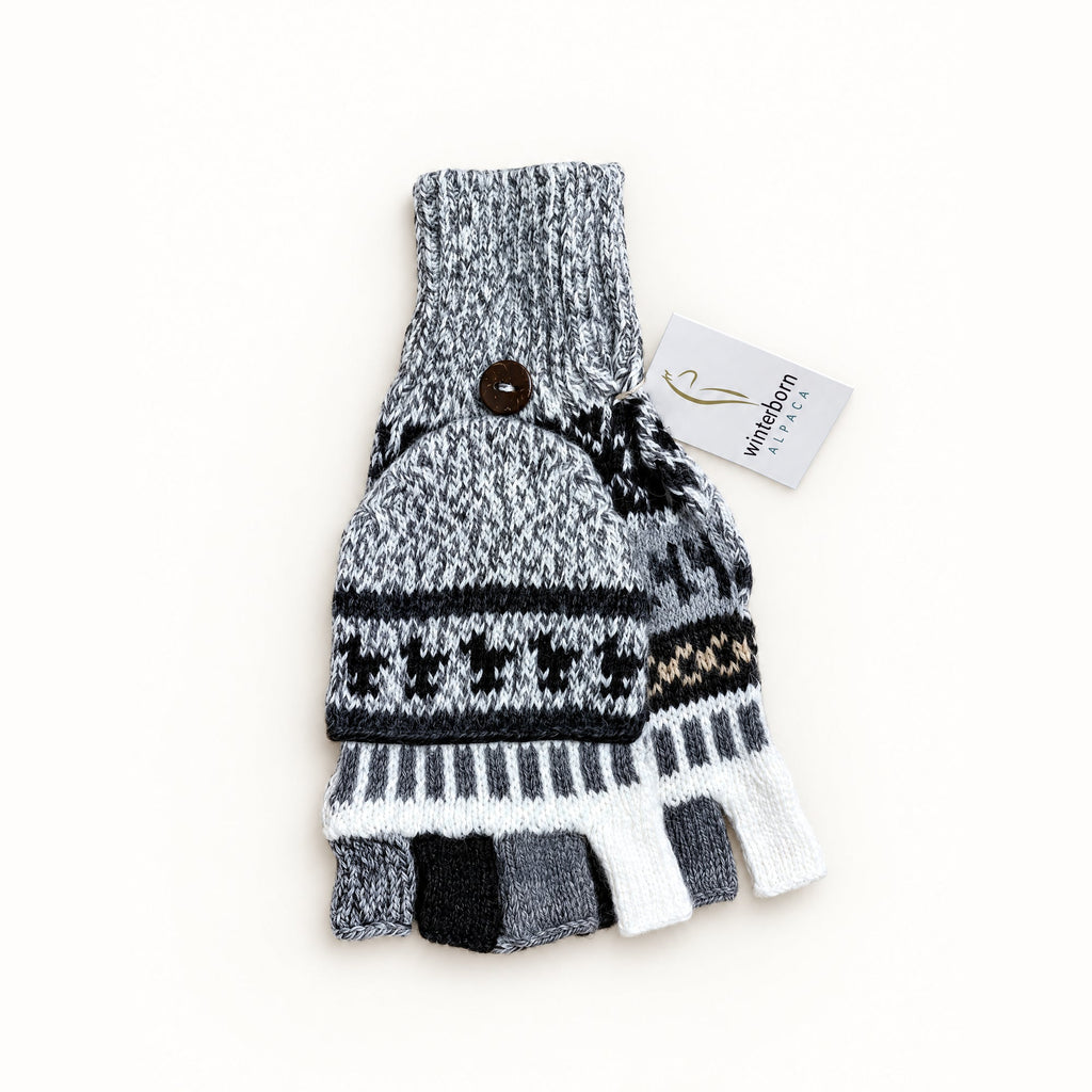 Alpaca glittens, traditional print, Grey