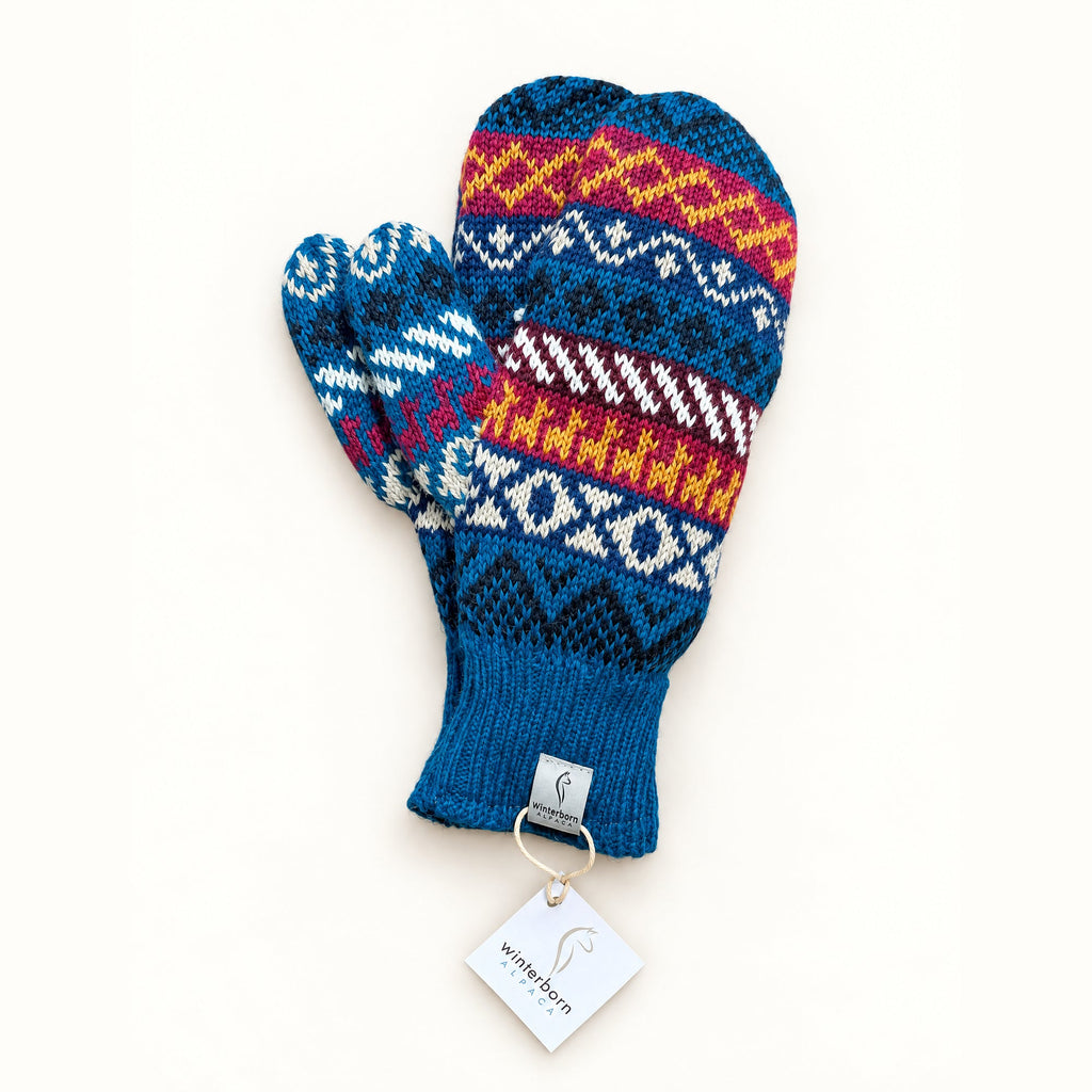 Fleece lined alpaca mittens, traditional pattern, Blue