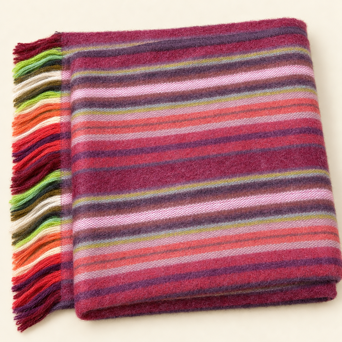 Berry Burst striped alpaca scarf folded, showing the fringe
