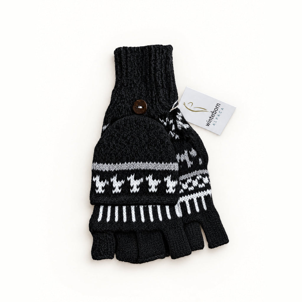 Alpaca glittens, traditional print, Black