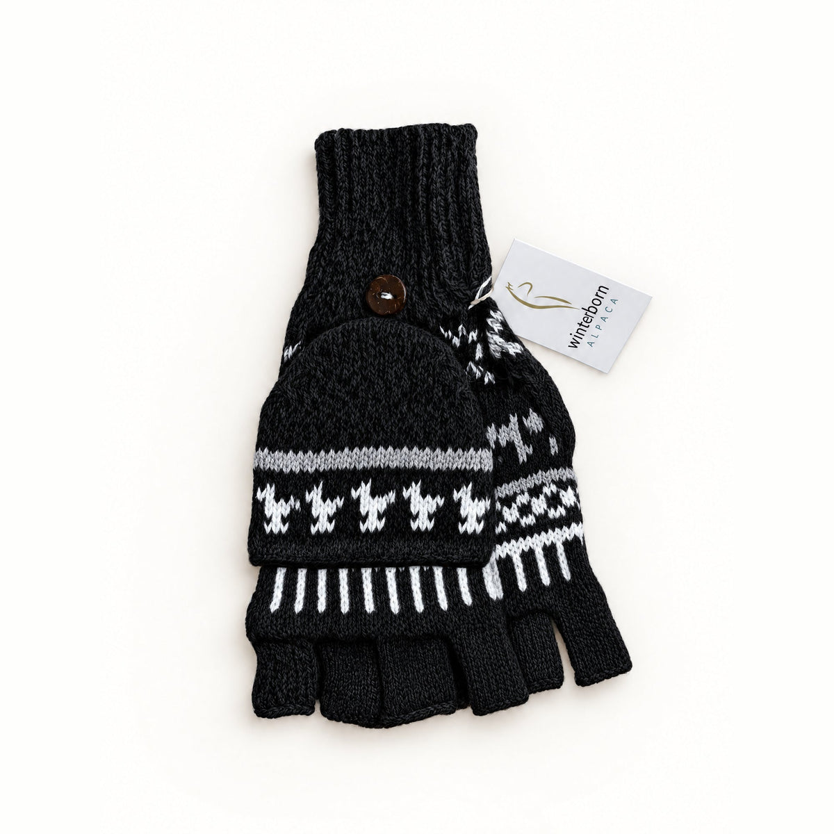 Alpaca glittens, traditional print, Black
