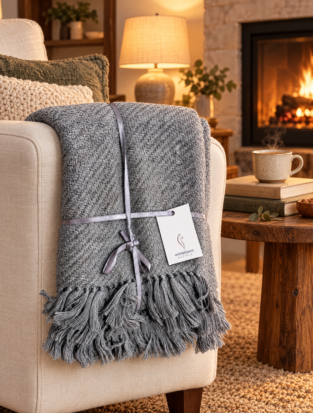 Alpaca lap blanket on an armchair by the fire