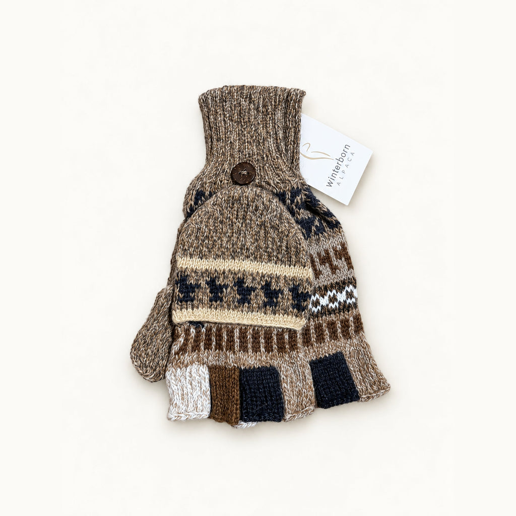 Alpaca glittens, traditional print, Brown