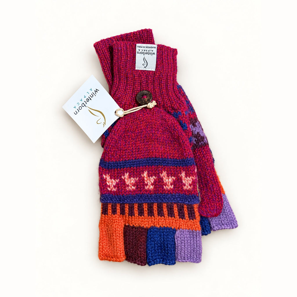 Alpaca glittens, traditional print, Reddish Orange