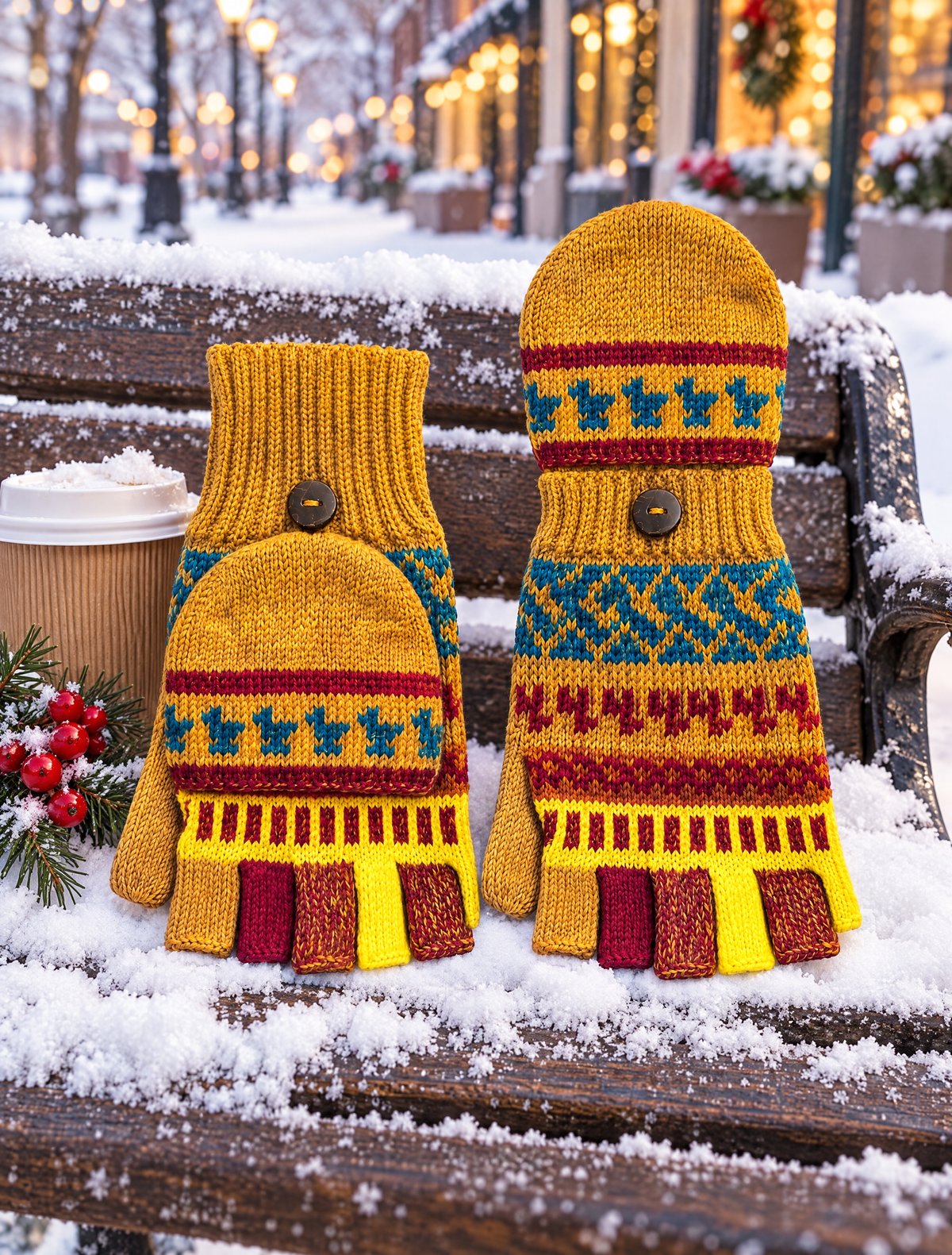 Alpaca glittens on a snowy bench
