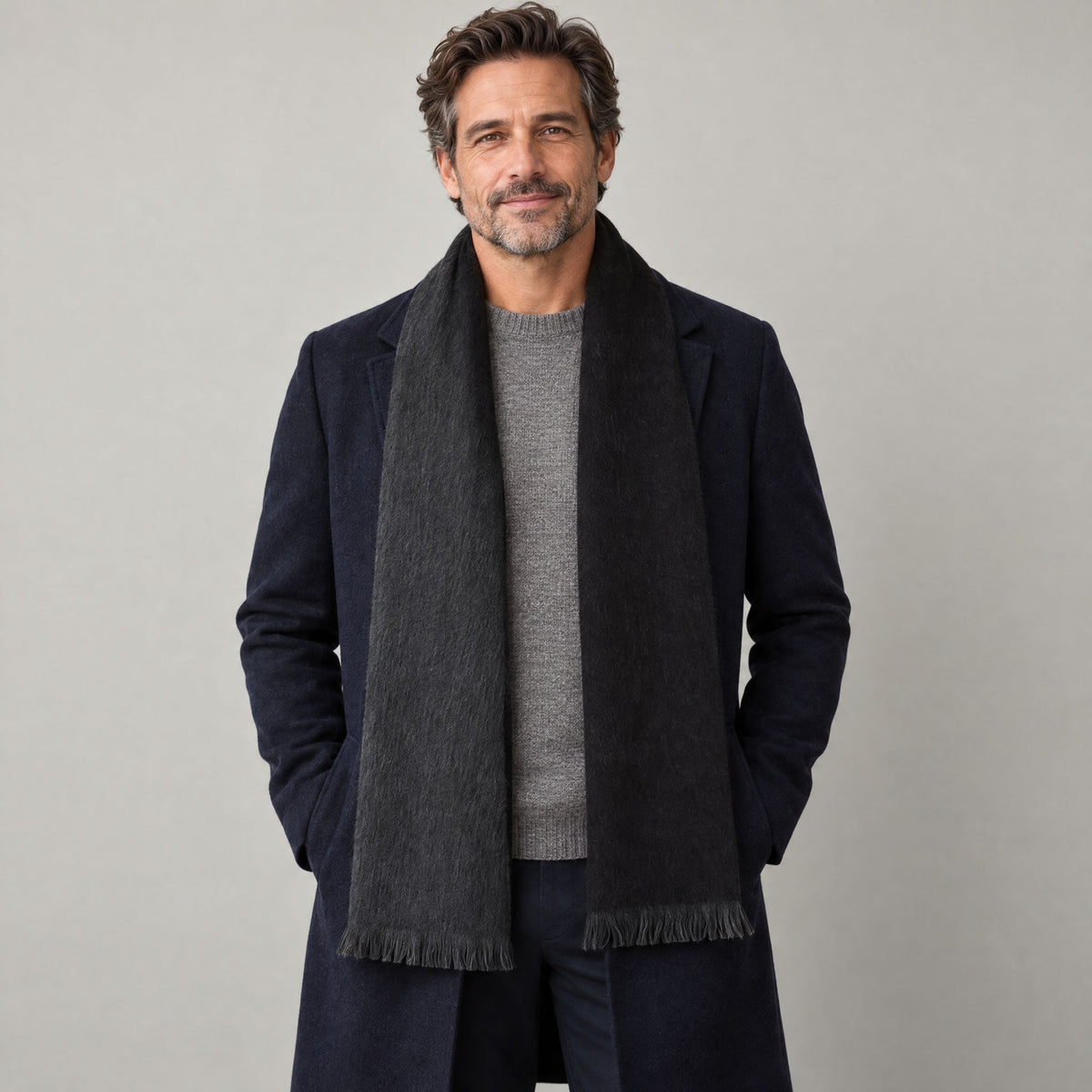 Black and Charcoal Double Weave alpaca scarf worn on model
