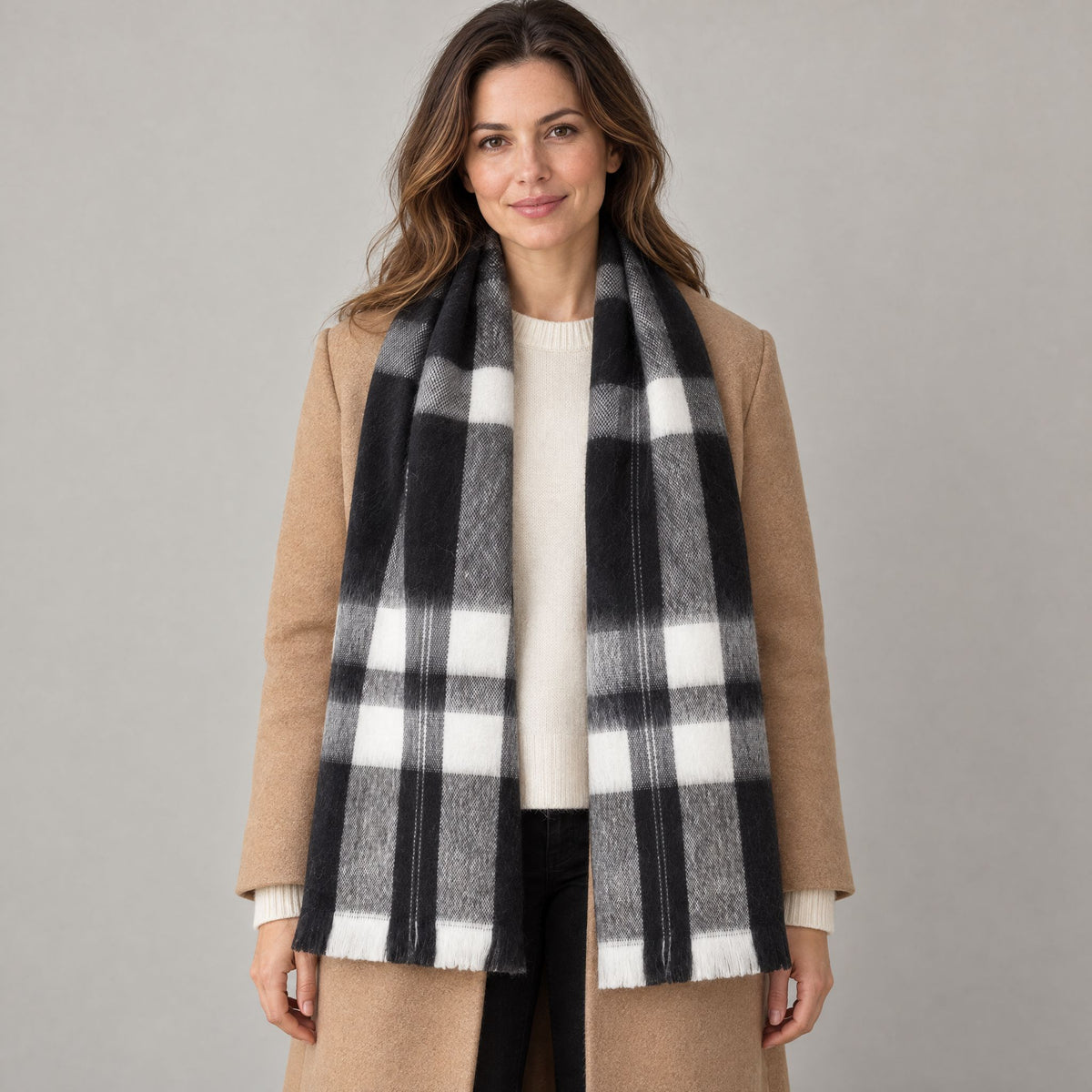 Black with White Plaid alpaca scarf worn on model