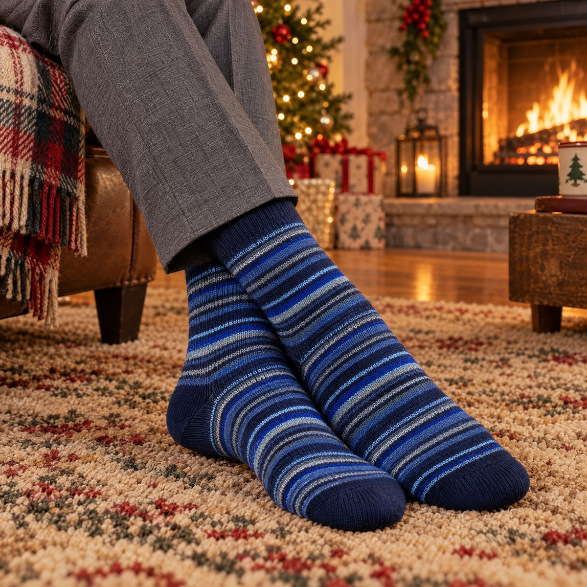 Blue Stripes alpaca dress socks by the fire
