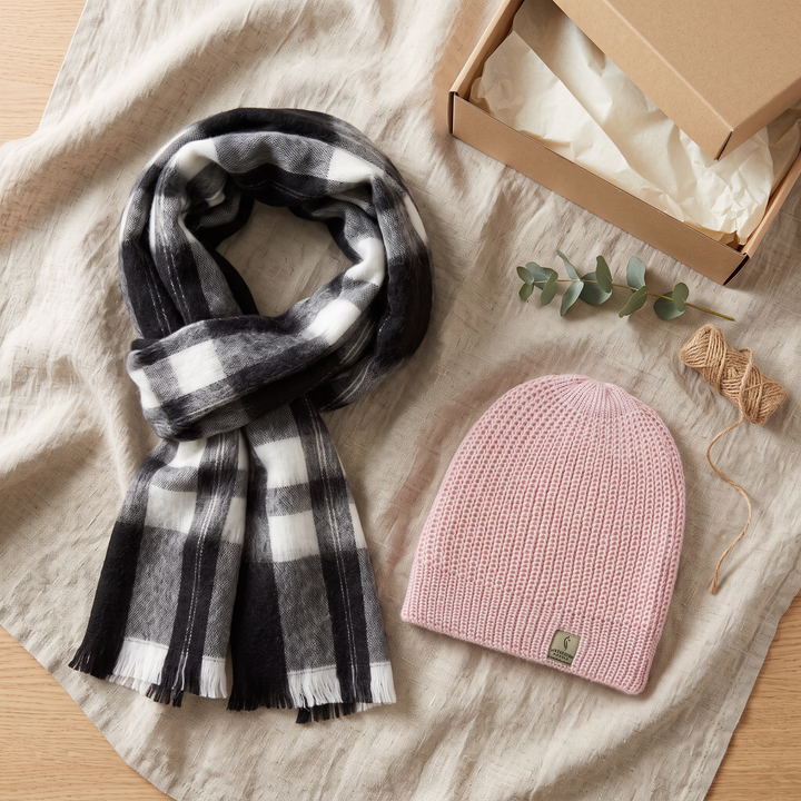 Winterborn Cozy Classic alpaca gift set: black and white plaid alpaca scarf and pink reversible alpaca beanie