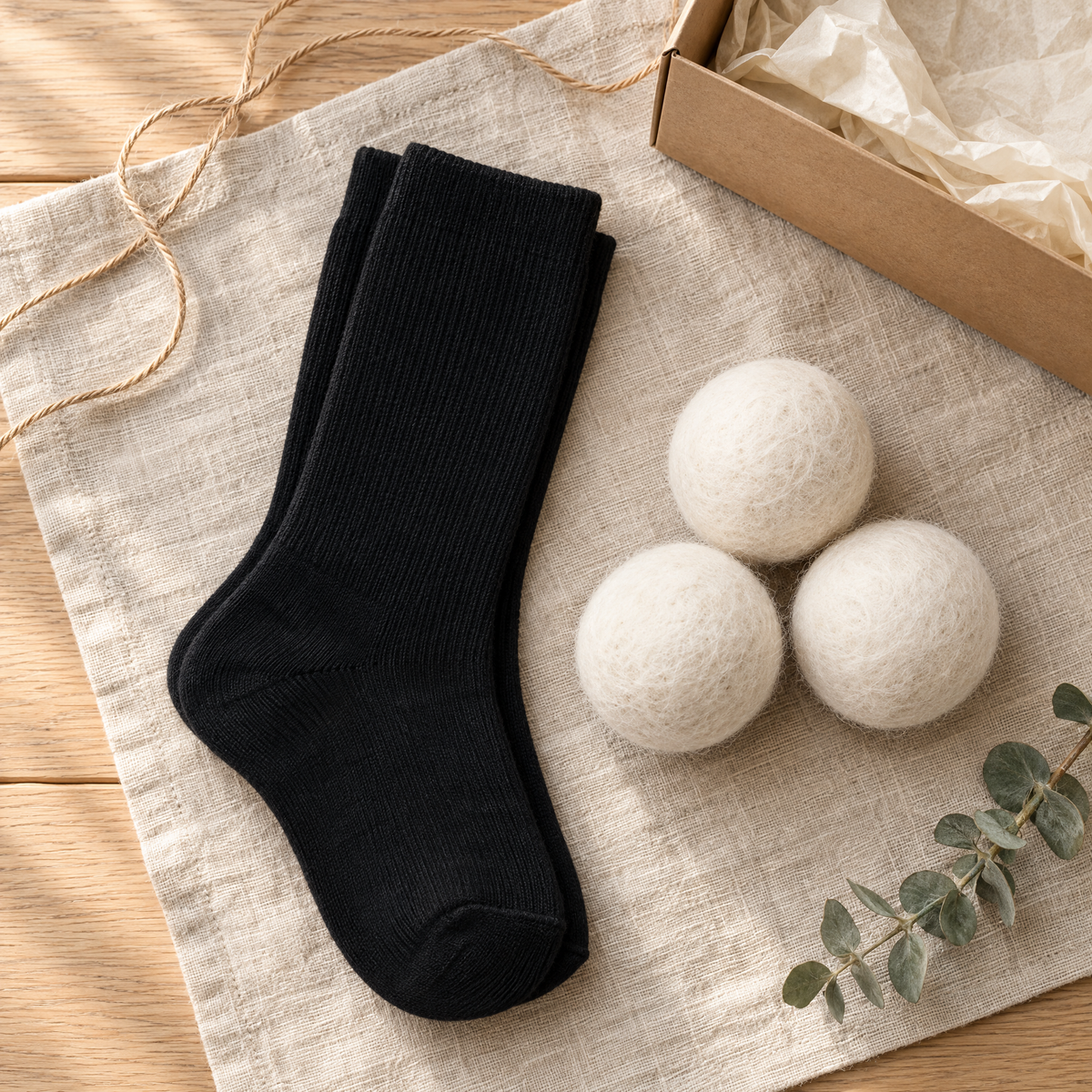 Winterborn Cozy Home alpaca gift set: black alpaca dress socks and three alpaca wool dryer balls