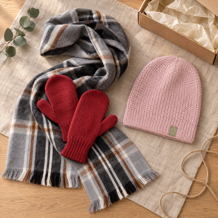 Winterborn Full Winter alpaca gift set: gray plaid alpaca scarf, pink reversible alpaca beanie and red fleece lined mittens