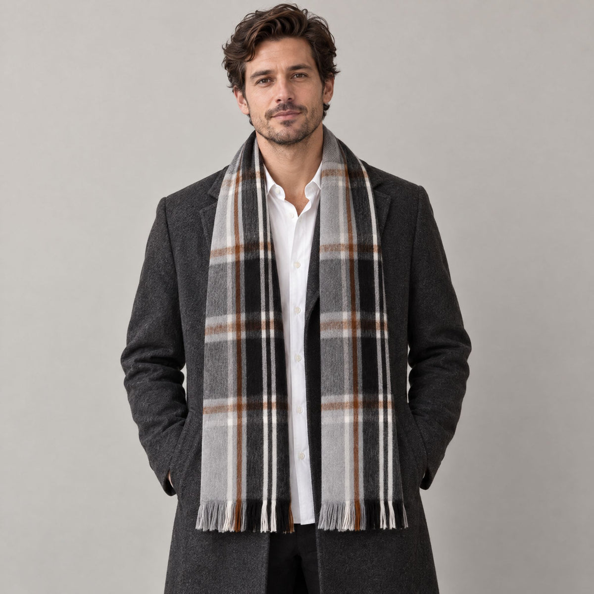 Gray Plaid alpaca scarf worn on model