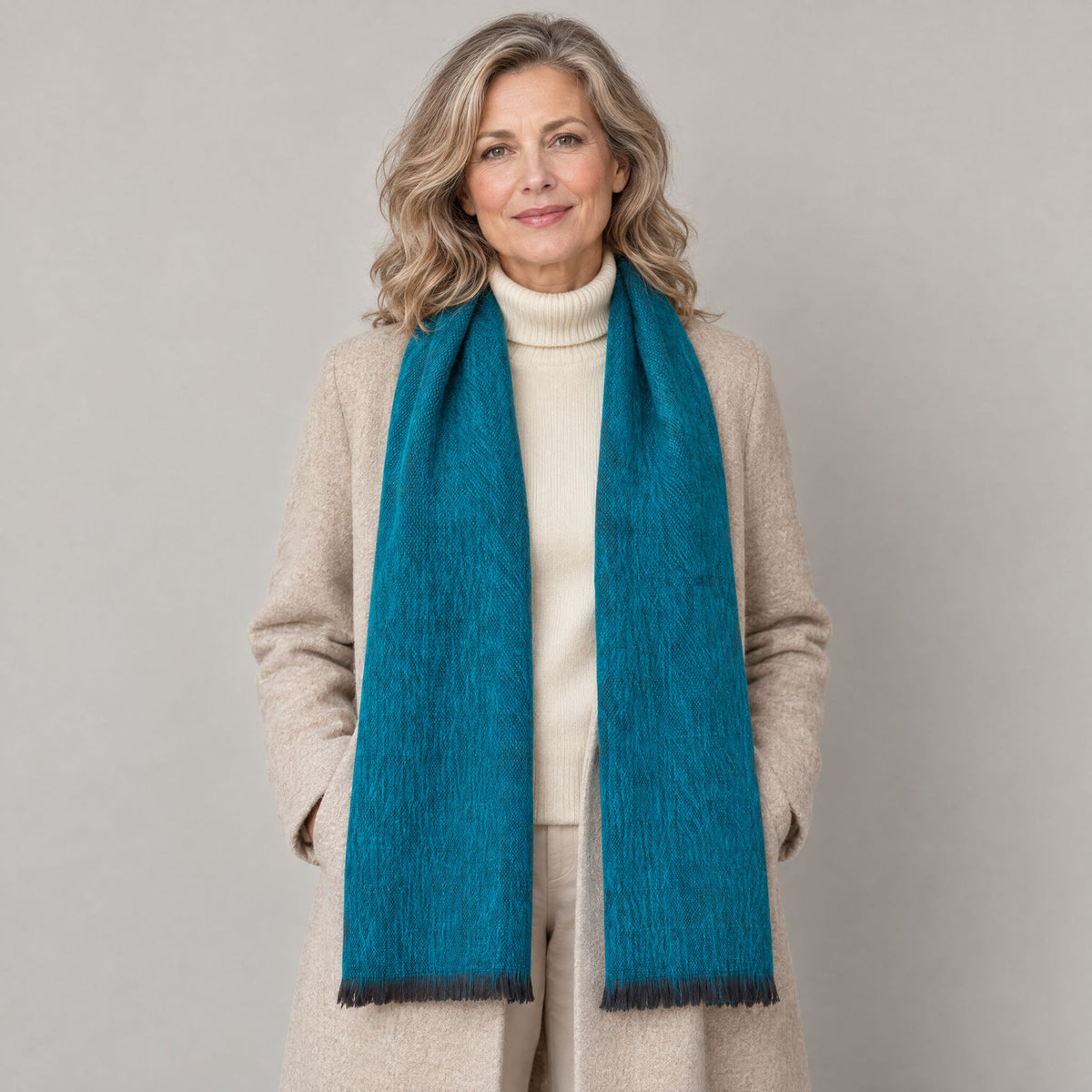 Sapphire Sheen alpaca scarf worn on model