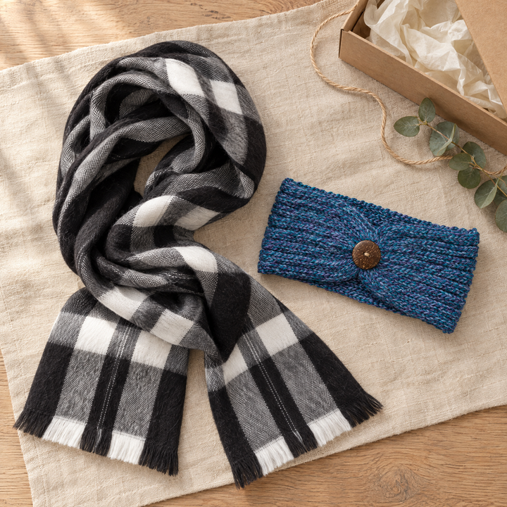 Winterborn Scarf and Headband alpaca gift set: black and white plaid alpaca scarf and mottled blue alpaca headband