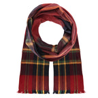 Burgundy plaid alpaca scarf with yellow, orange and green stripes