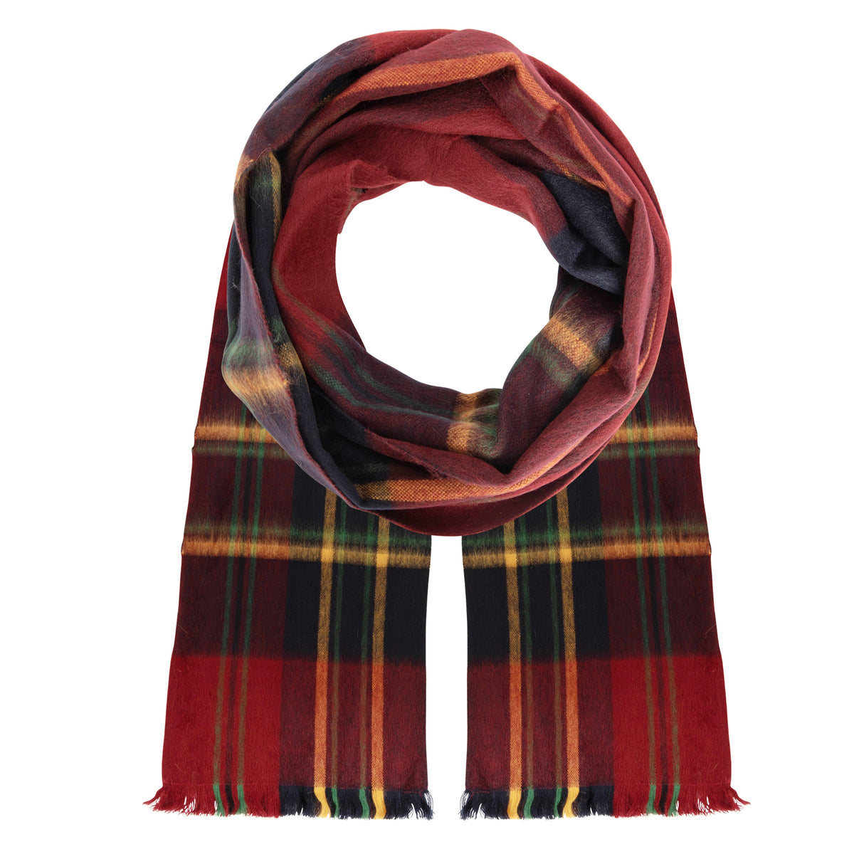 Burgundy plaid alpaca scarf with yellow, orange and green stripes