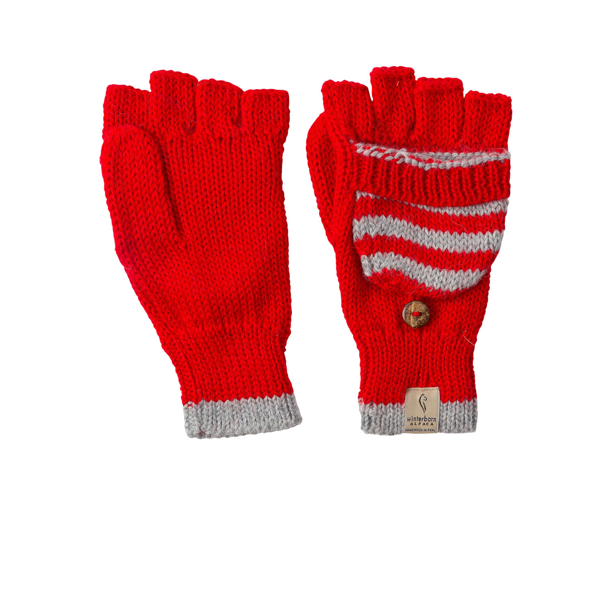 Red convertible alpaca mittens with grey stripes