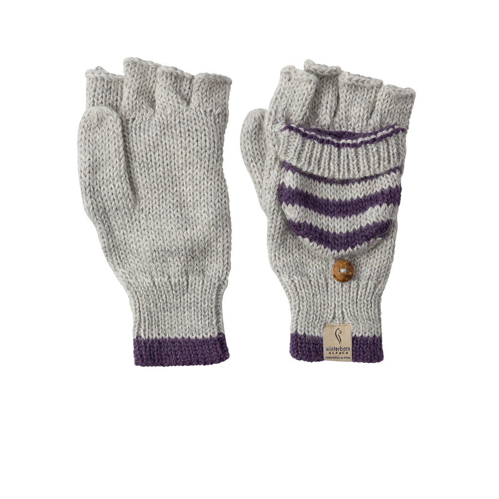 Grey convertible alpaca mittens with purple stripes