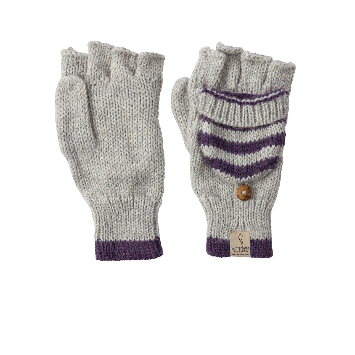 Grey convertible alpaca mittens with purple stripes