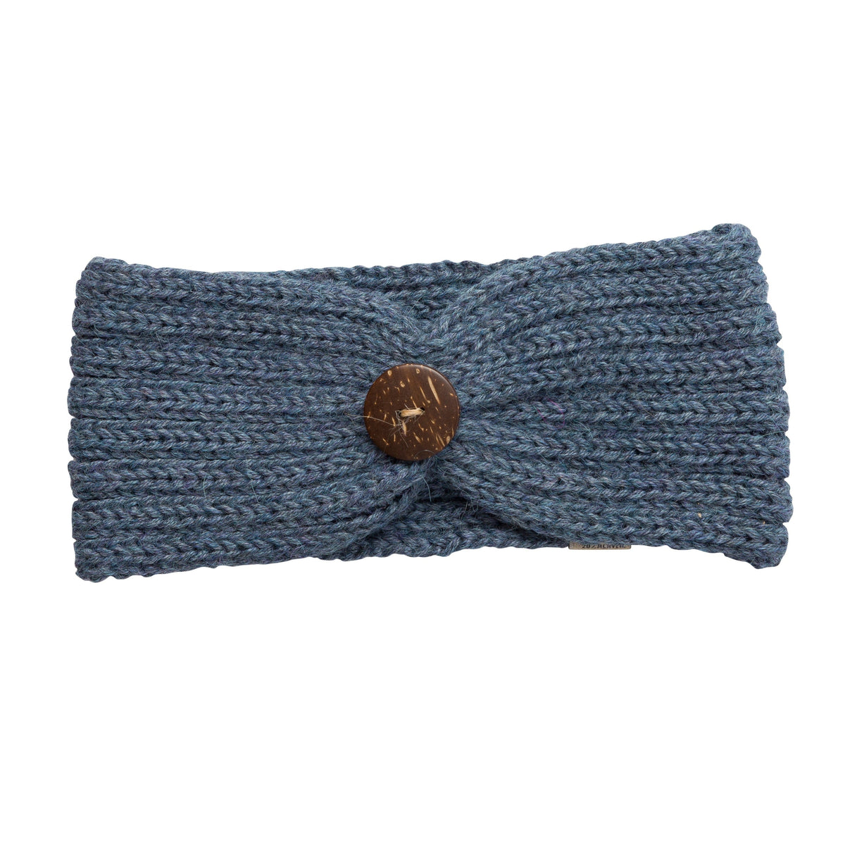 Blue alpaca knit headband with a wooden button