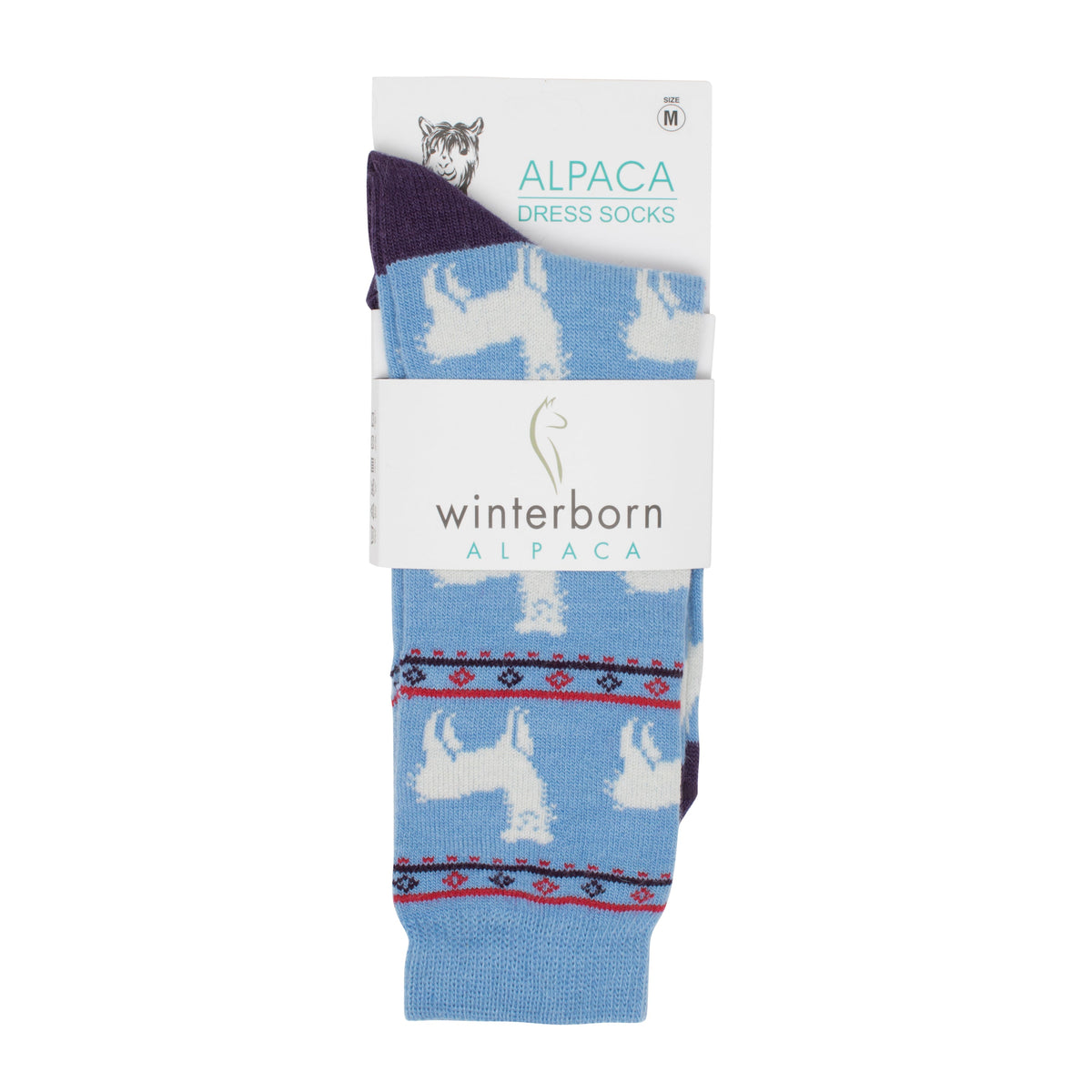 Light blue alpaca socks with an alpaca pattern in Winterborn packaging