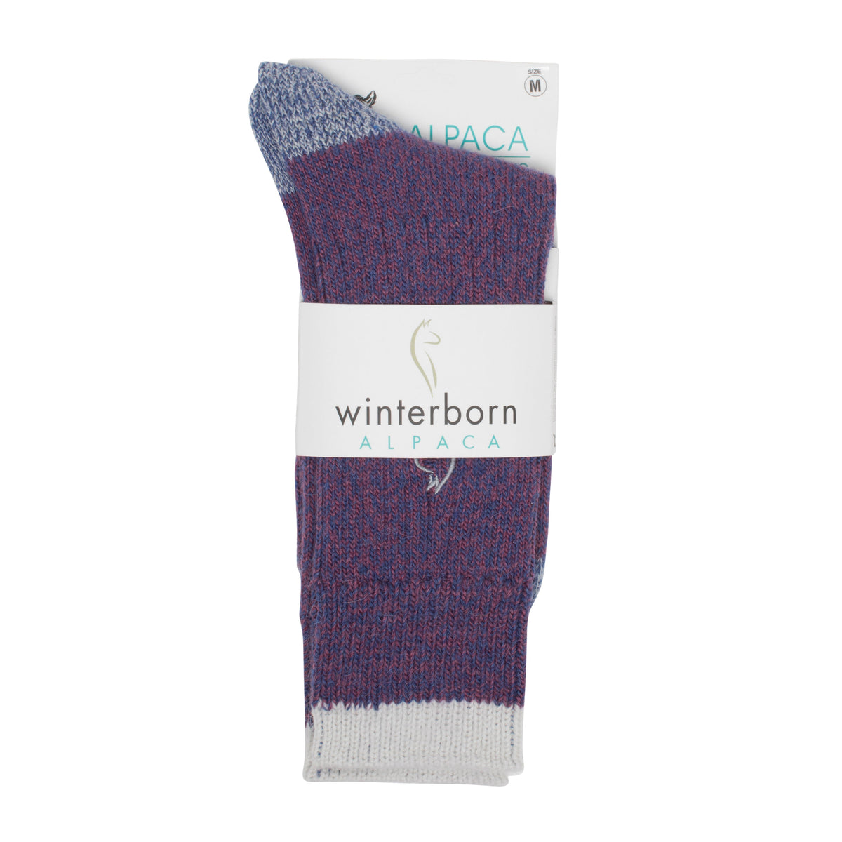 Purple alpaca sport socks in Winterborn packaging