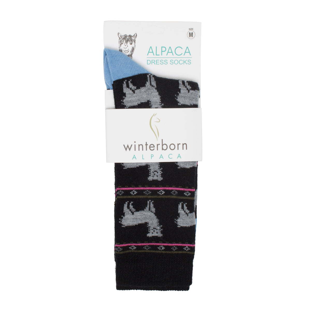 Black alpaca socks with an alpaca pattern in Winterborn packaging