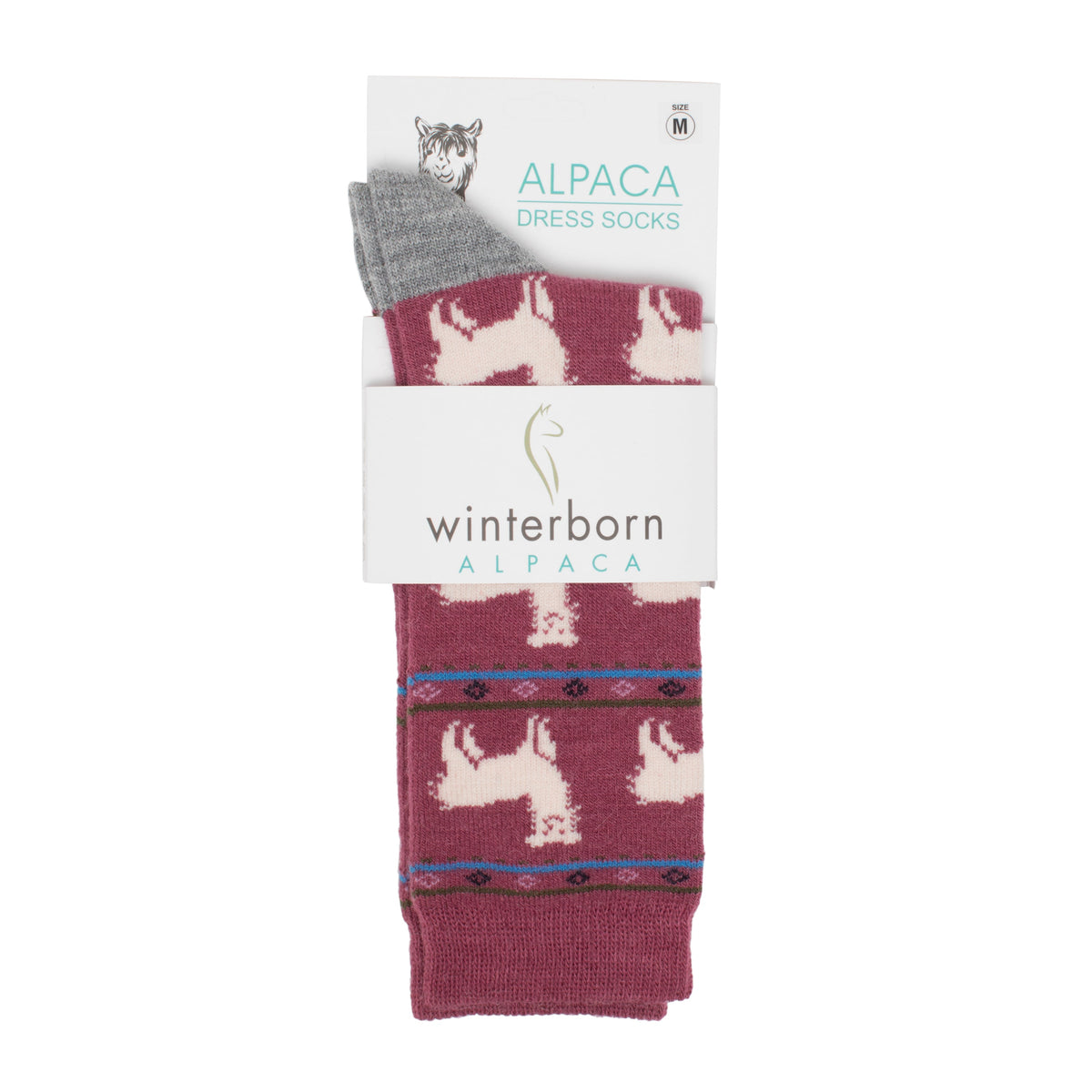 Red alpaca socks with an alpaca pattern in Winterborn packaging