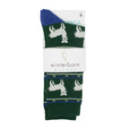Green alpaca socks with an alpaca pattern in Winterborn packaging