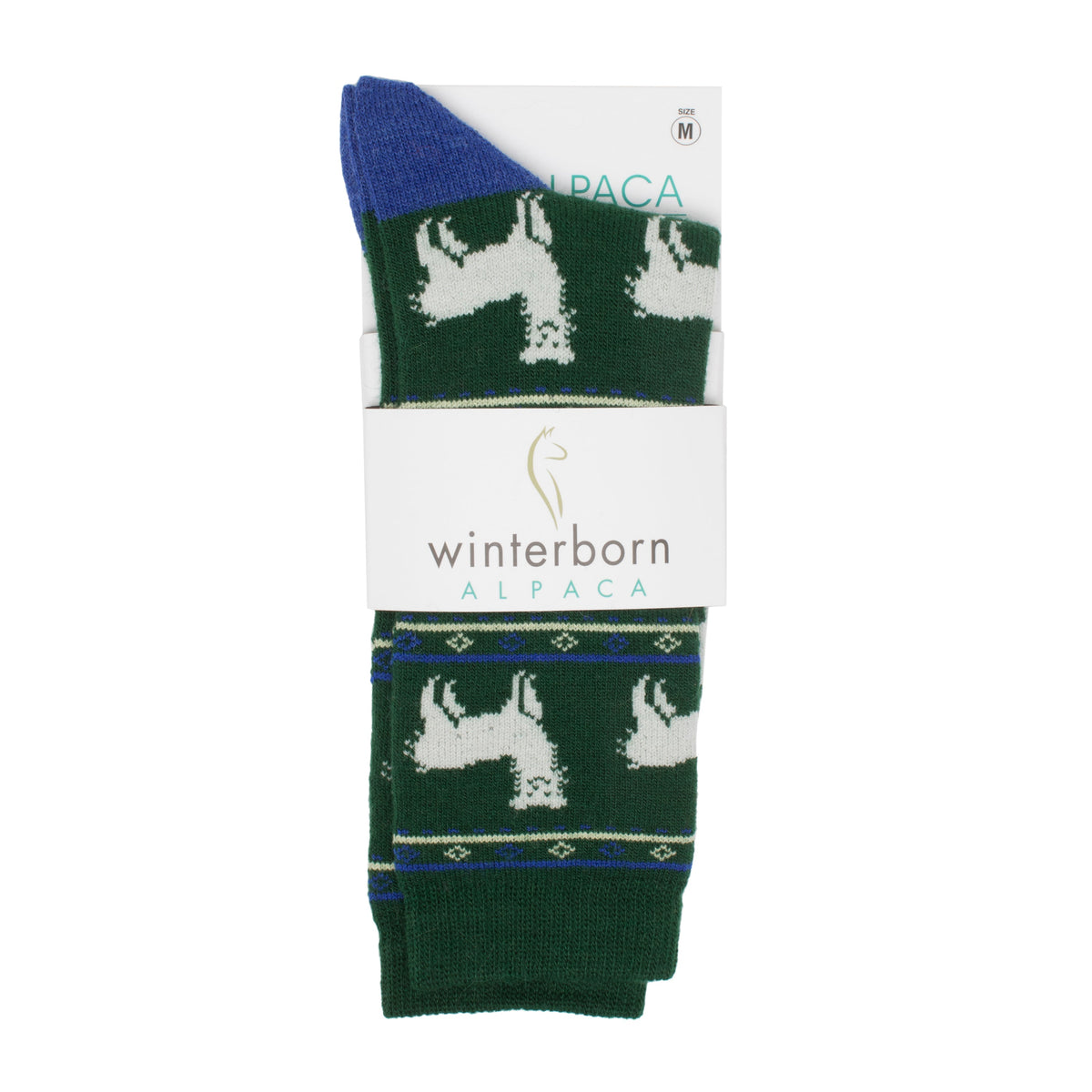 Green alpaca socks with an alpaca pattern in Winterborn packaging