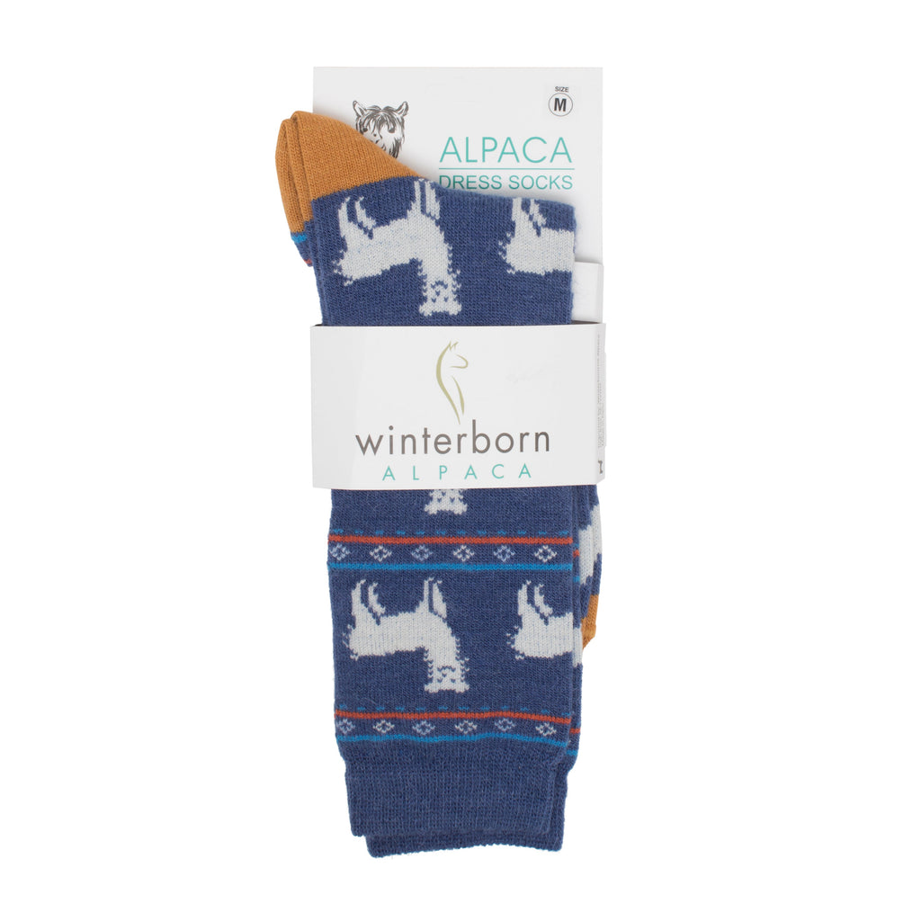 Navy alpaca socks with an alpaca pattern in Winterborn packaging