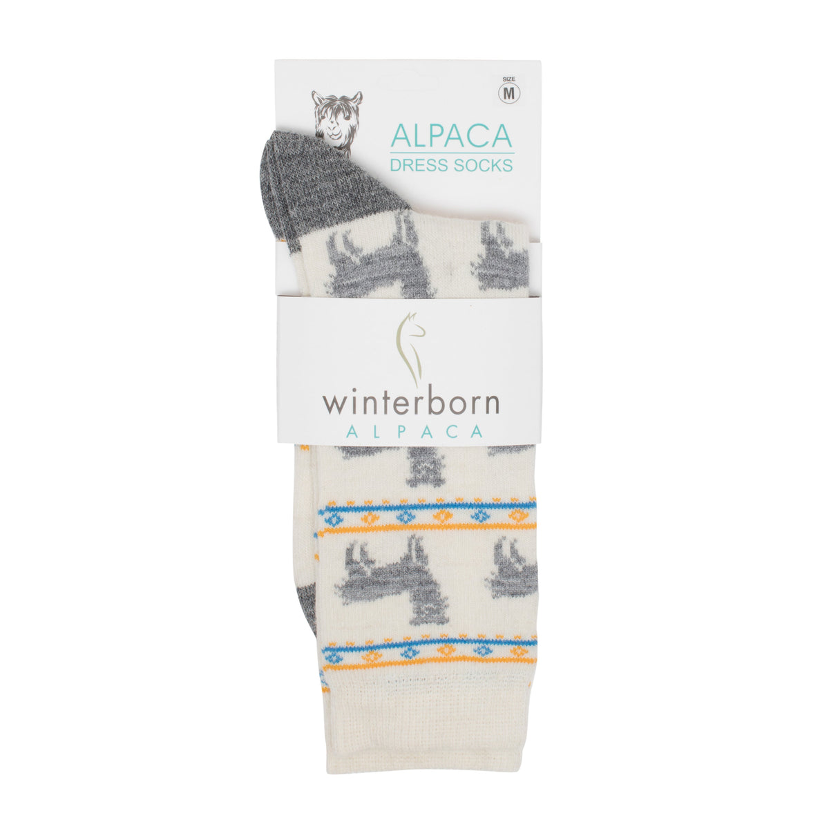 Cream alpaca socks with an alpaca pattern in Winterborn packaging