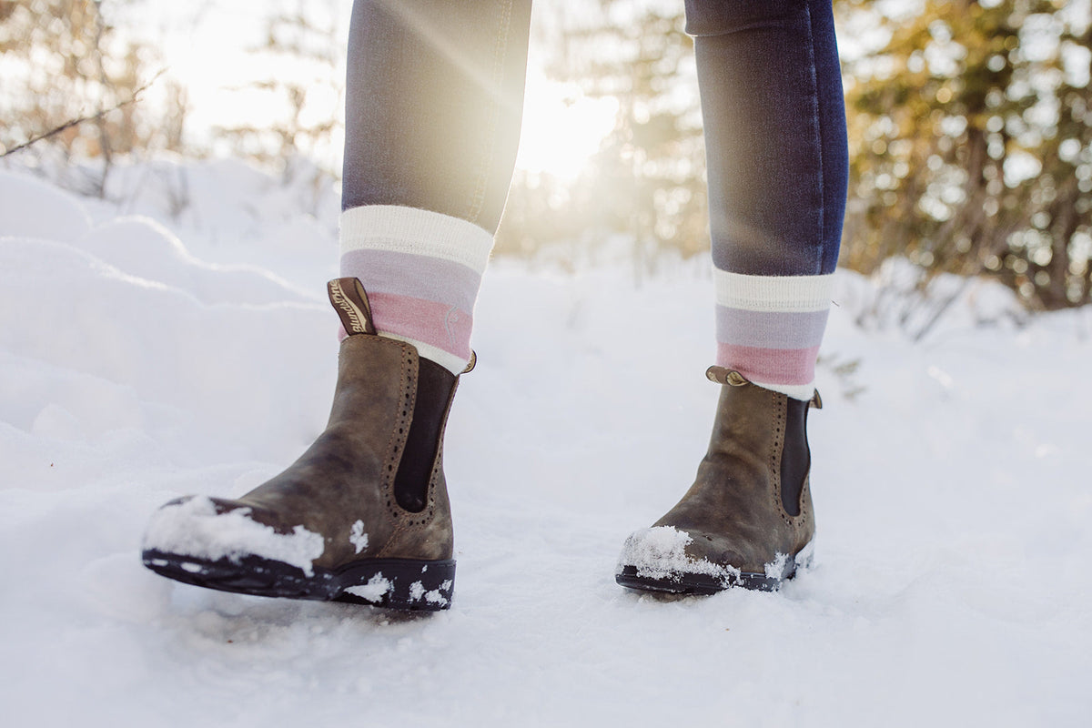 Alpaca socks worn with ankle boots in the snow
