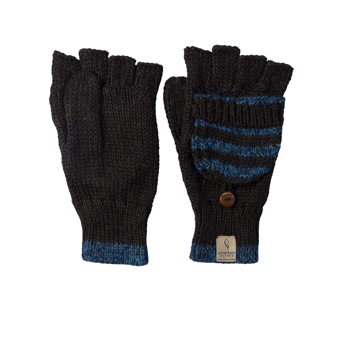 Black convertible alpaca mittens with a blue pattern