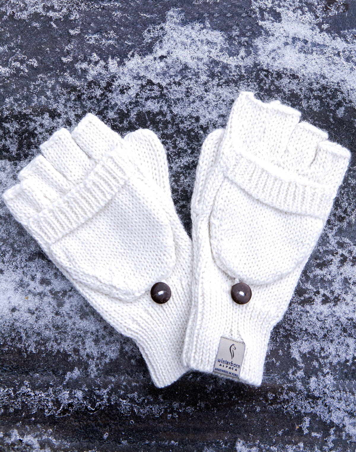 White convertible alpaca mittens with a flip top